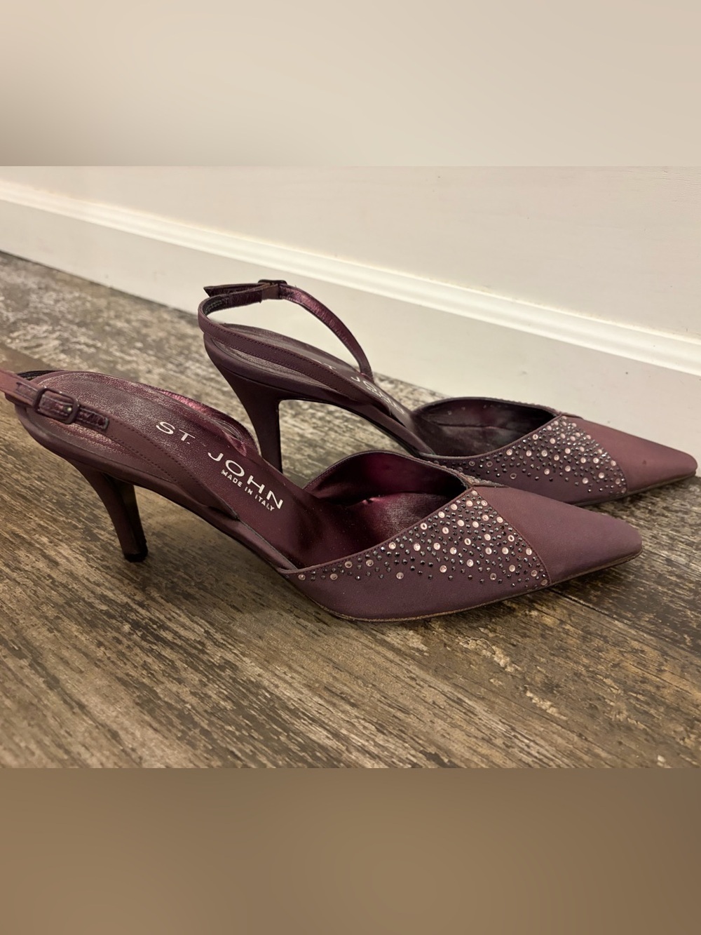 Vintage St. John Collection Burgundy Satin Rhinestone Slingback Pumps Heels EUC
